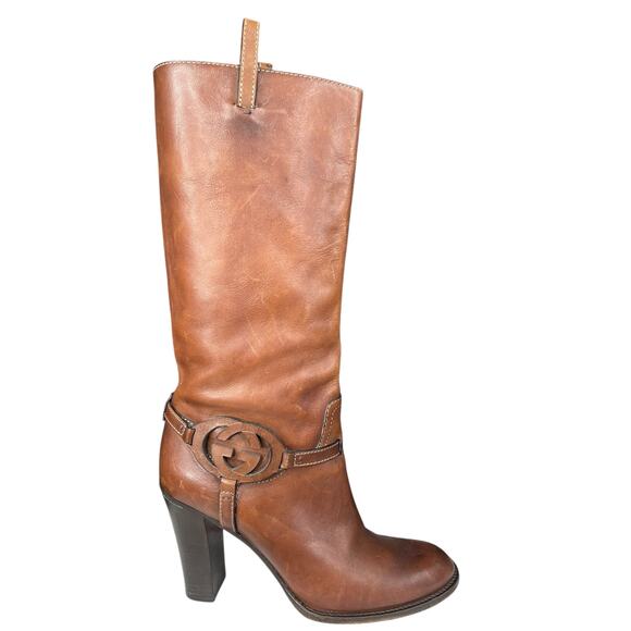 Gucci Interlocking GG Brown Leather Riding Boots Size 40 US 10 *Read Description - Picture 1 of 15